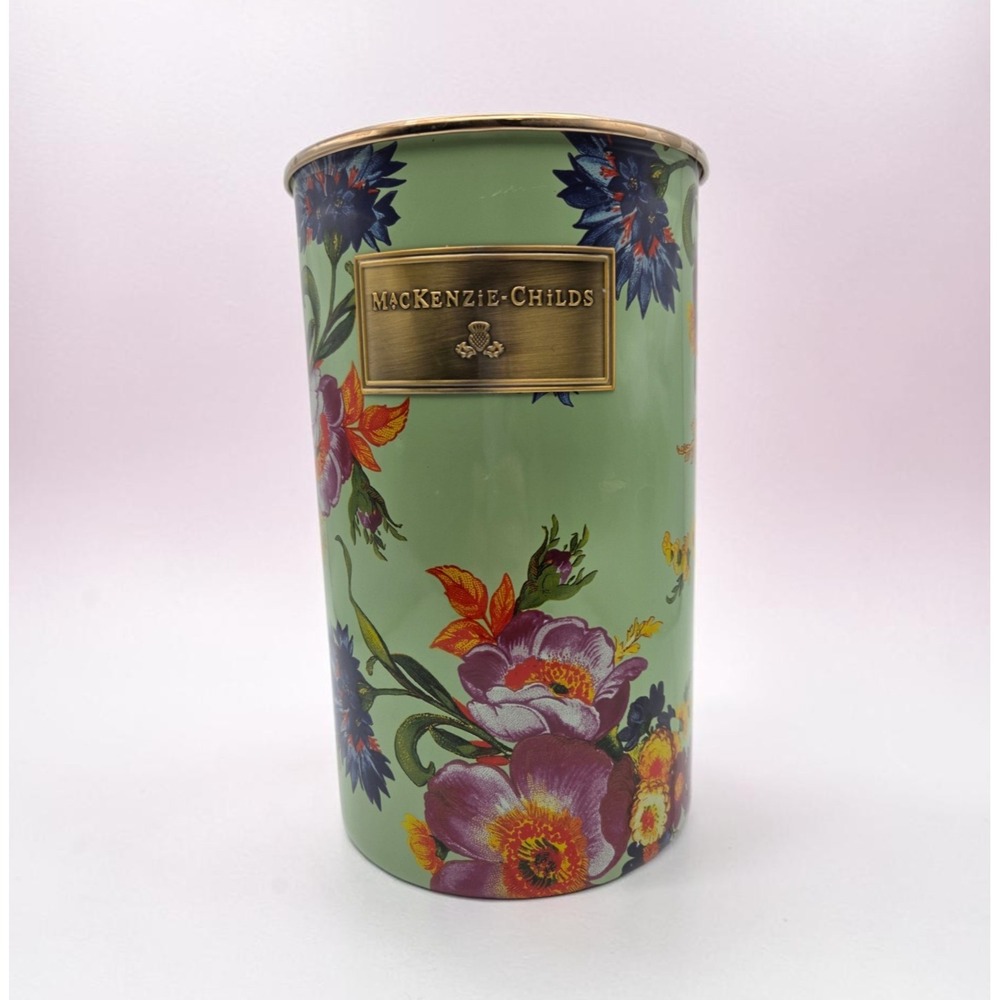 MacKenzie Childs Flower Market Green Enamel Utensil Holder Storage 8.5" Retired